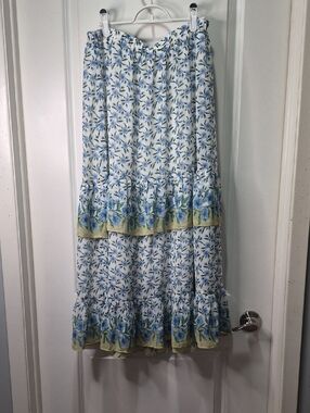 Max Studio White Maxi Skirt with Blue Floral Border